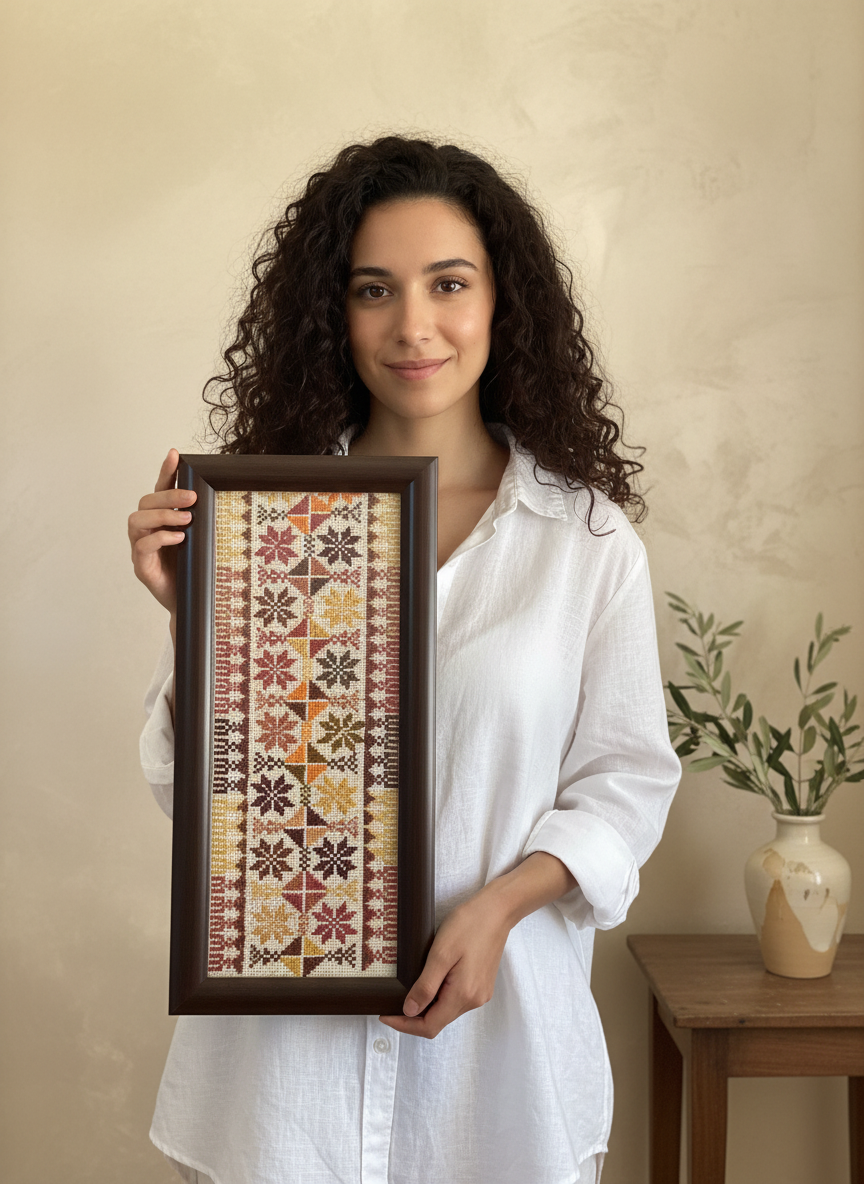 Woman holding a framed tatreez art piece in a sunlit home
