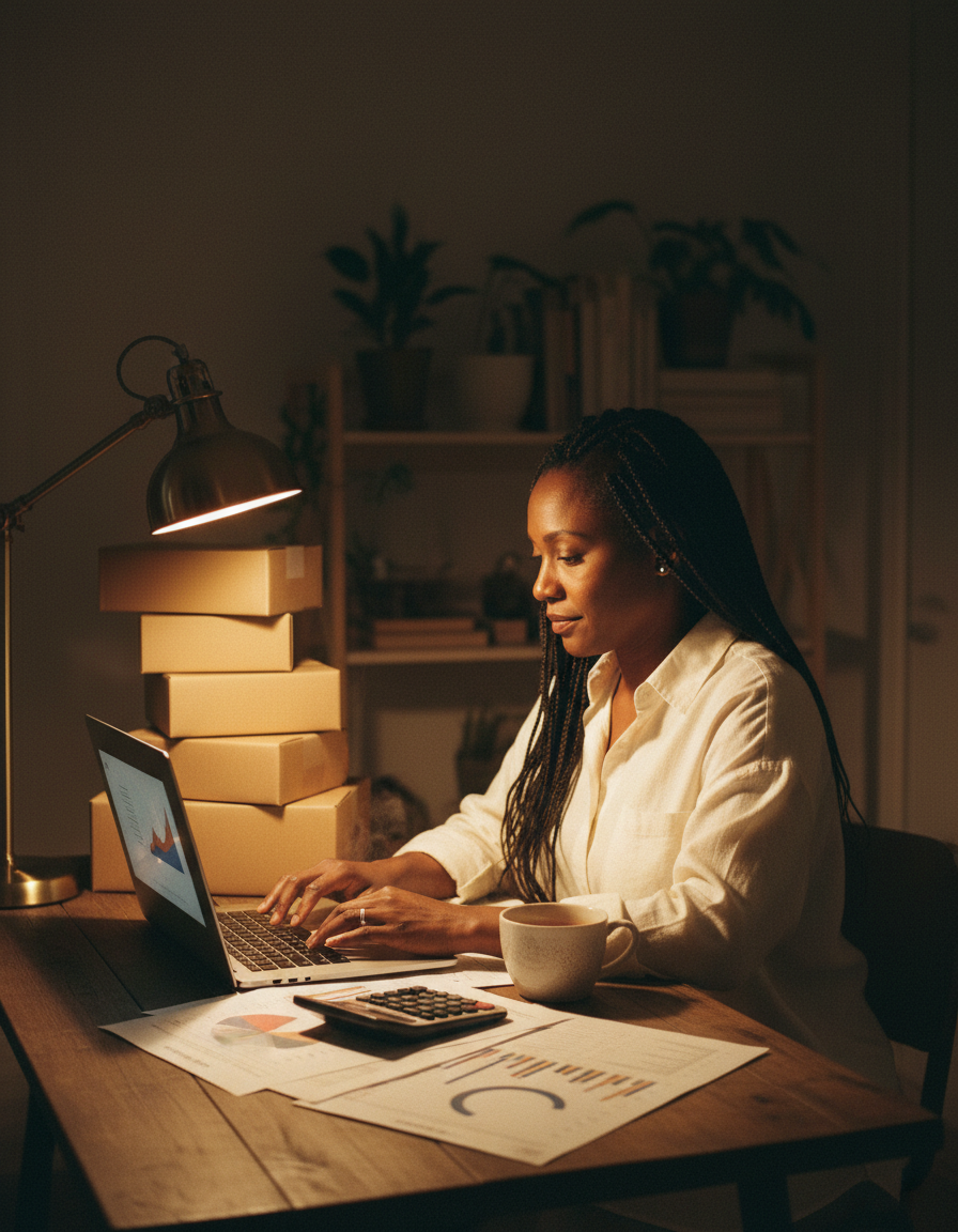 Black woman entrepreneur working on her side hustle at a home desk at night with planner pages and shipping boxes
