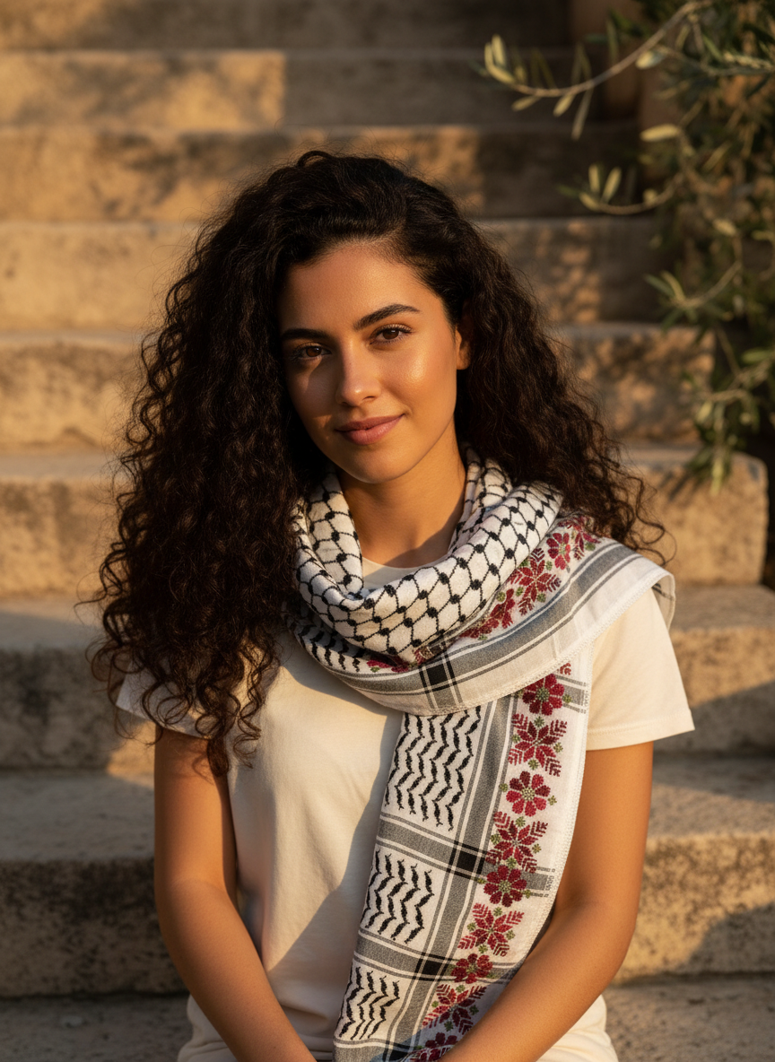 Woman sitting on limestone steps with a tatreez-bordered keffiyeh over her shoulders