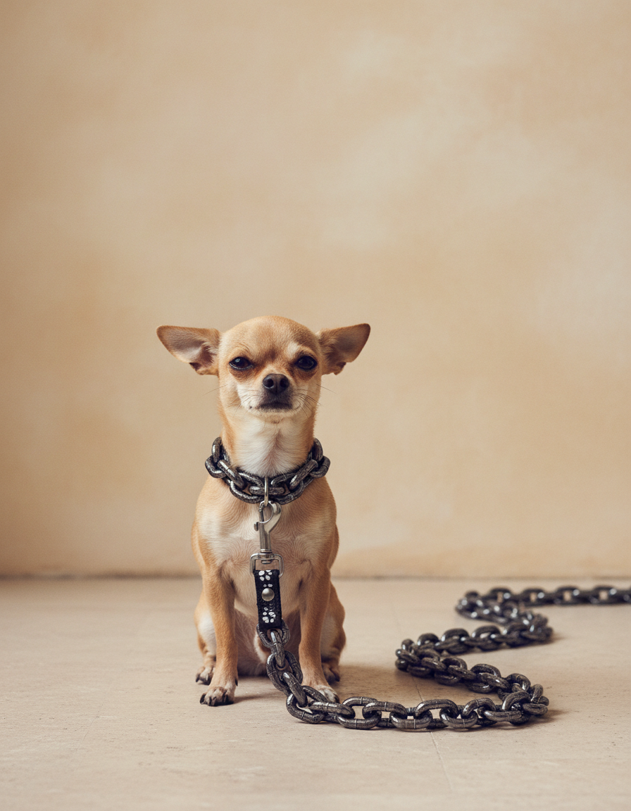 A small dog sitting upright and dignified, wearing The Chain Leash