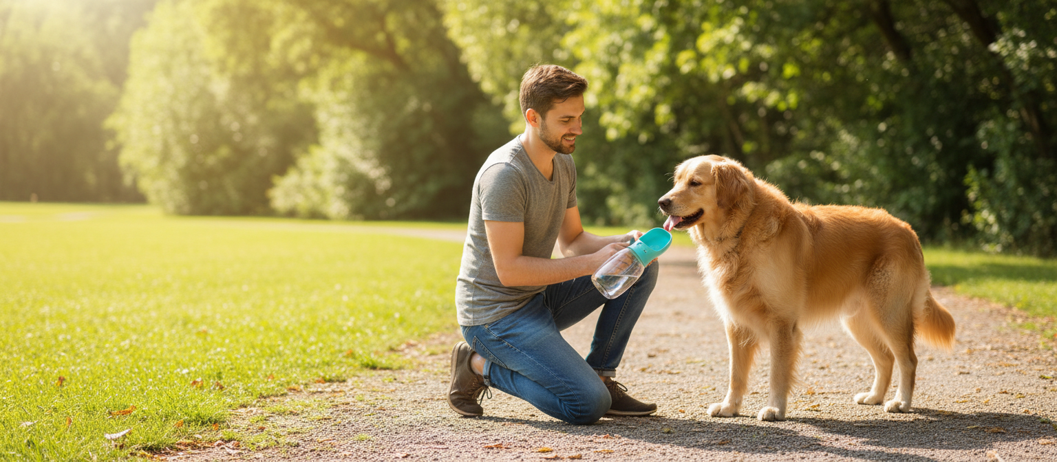 Owner giving a golden retriever water from a turquoise portable pet bottle on a park trail