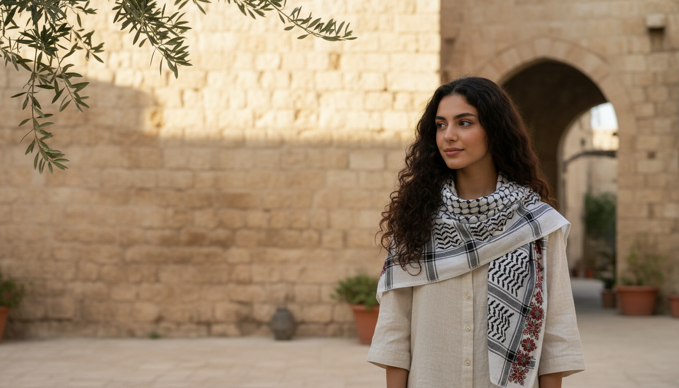 Woman in a sunlit limestone courtyard wearing a keffiyeh with a tatreez border