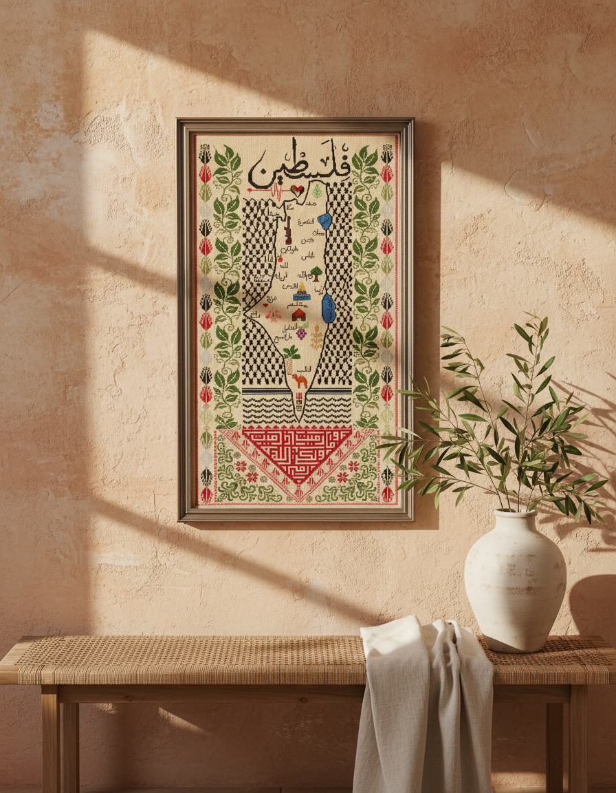 Tatreez map wall hanging on a limestone wall above a wooden bench