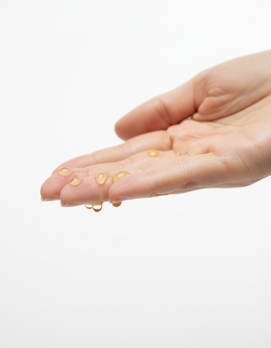 Fingertips holding a few drops of facial oil