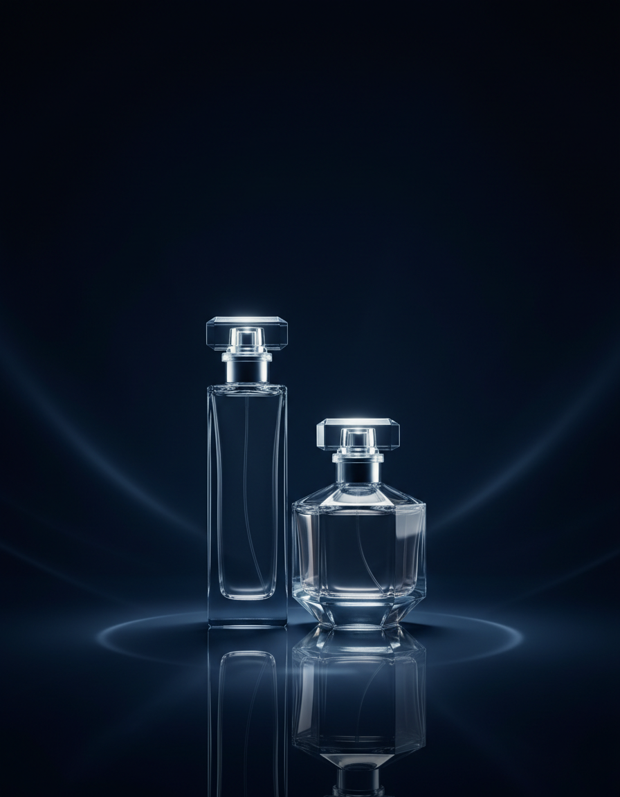 Dos frascos de perfume de cristal sobre superficie azul marino