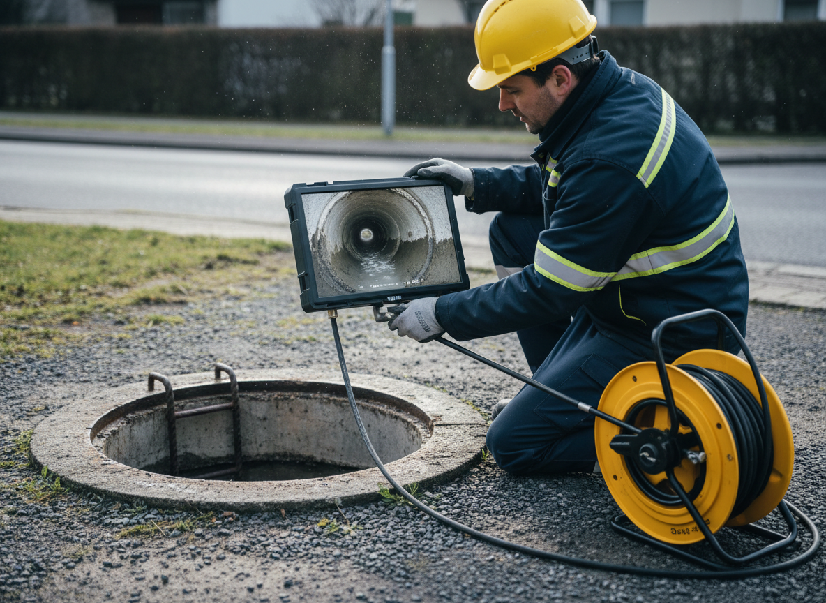 Técnico usando una cámara de video inspección junto a una cámara de registro