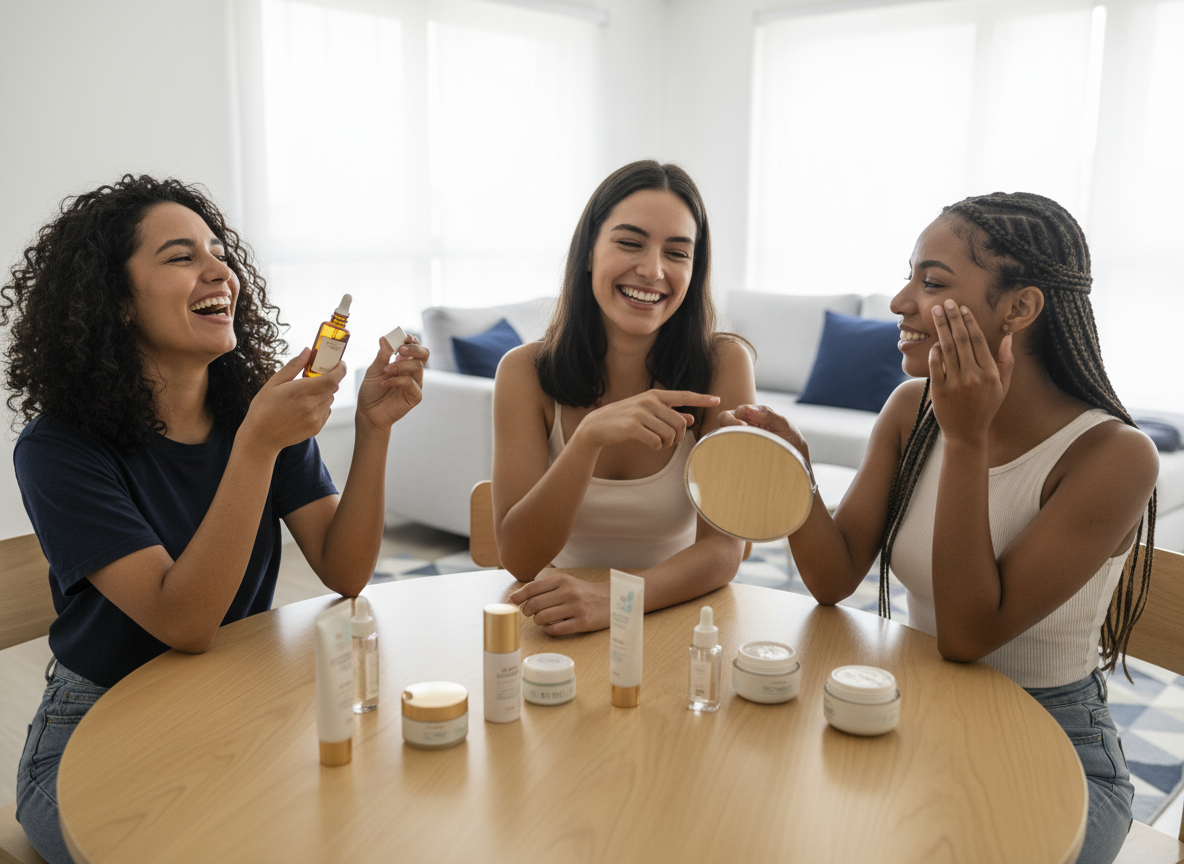 Tres amigas compartiendo productos de belleza en una mesa luminosa