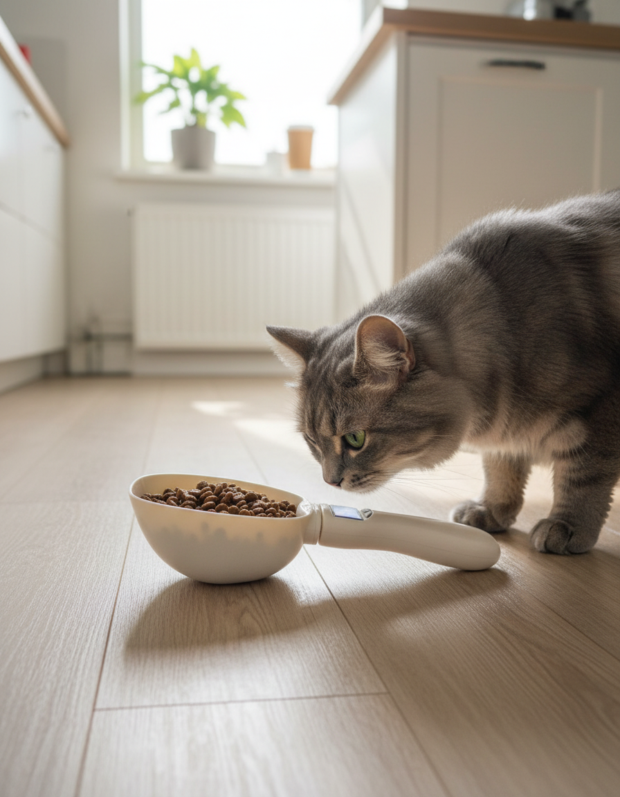 Grey cat sniffing a weighing food scoop full of kibble