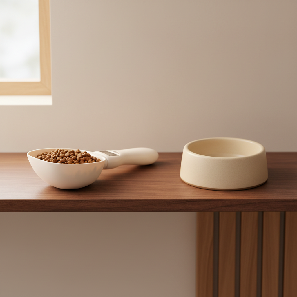 White digital weighing food scoop with kibble on a walnut shelf beside a ceramic bowl