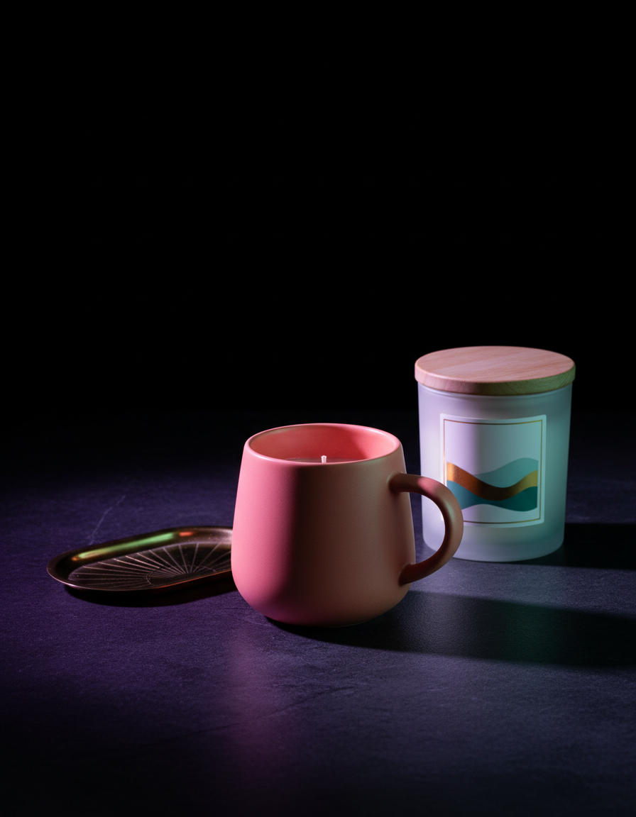 Coral ceramic mug, candle and Art Deco tray lit by violet neon