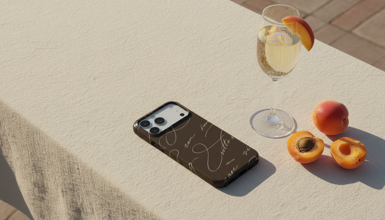 The case resting on a linen tablecloth beside a glass of champagne on a sunlit terrace
