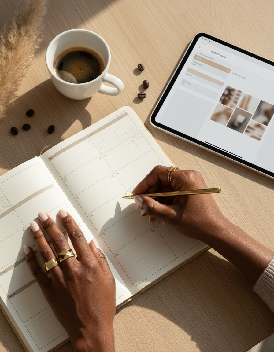 Black woman's hands writing in printed planner pages beside a tablet, budget worksheet and vision board