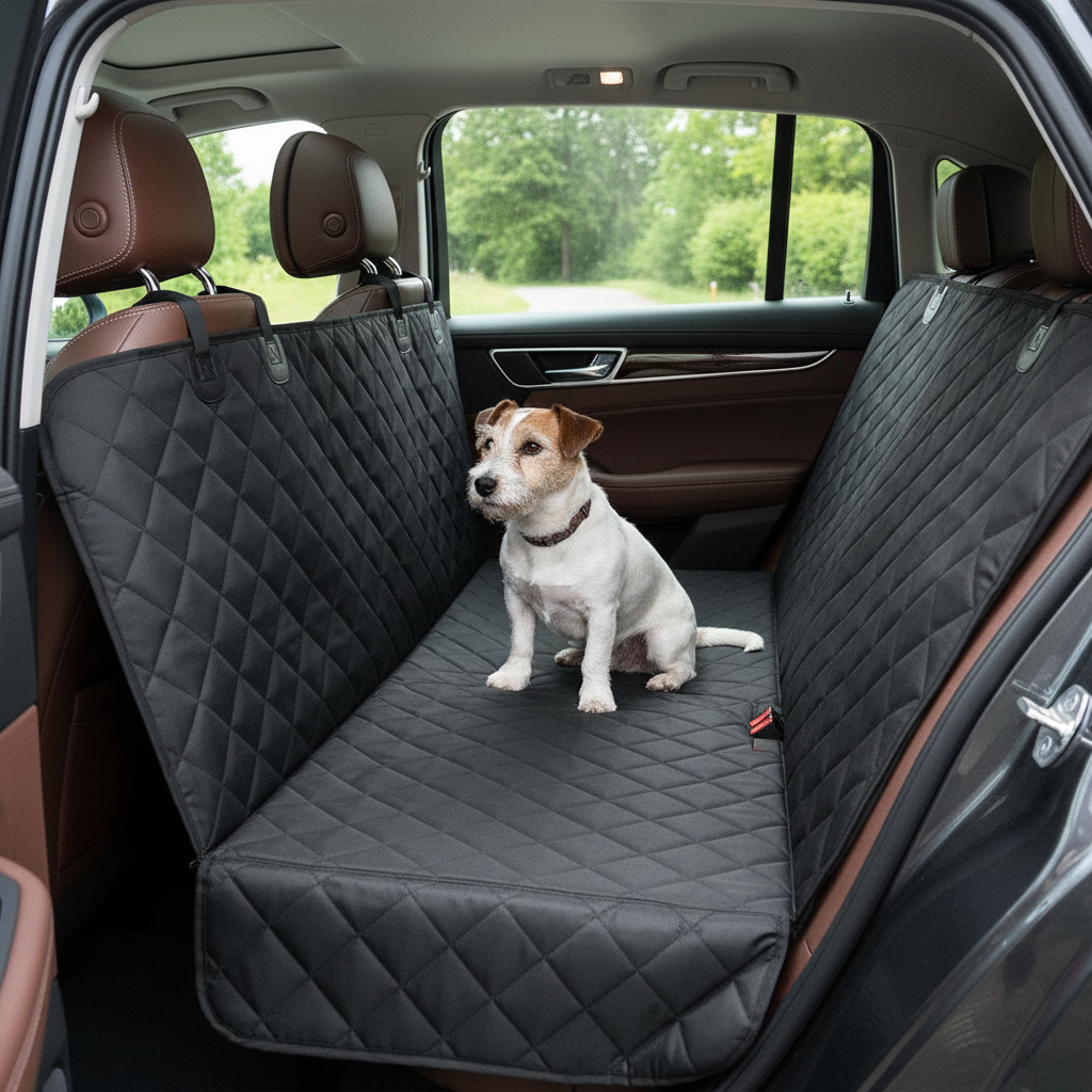 Small terrier sitting on a black quilted dog hammock across a car back seat