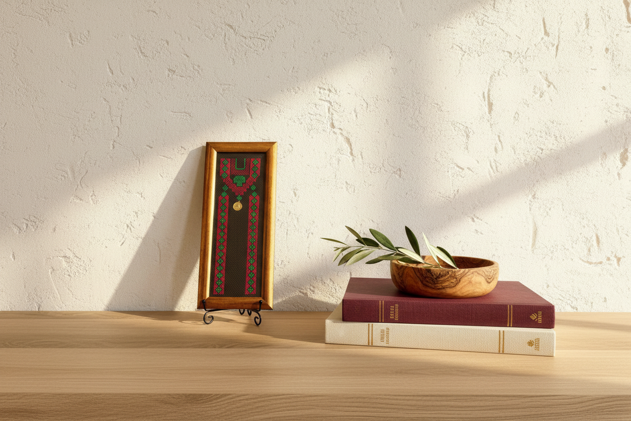 Framed tatreez dress art on an oak shelf beside linen books and olive leaves