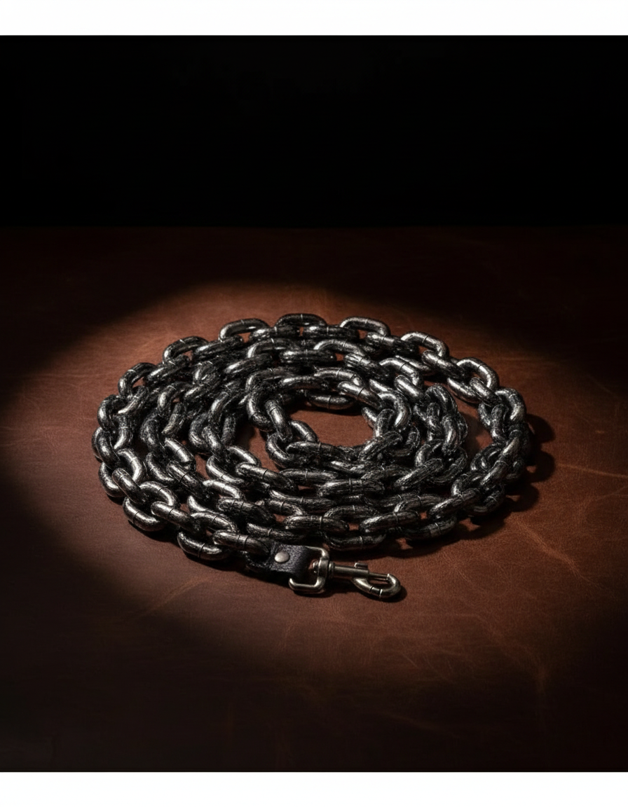 The Chain Leash coiled on dark saddle leather in soft window light