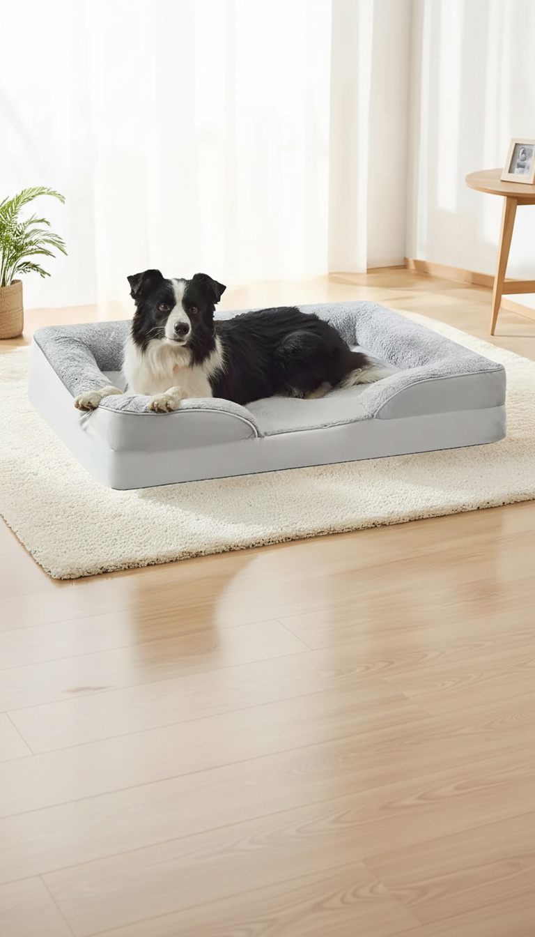 Border collie relaxing in a grey sofa pet bed