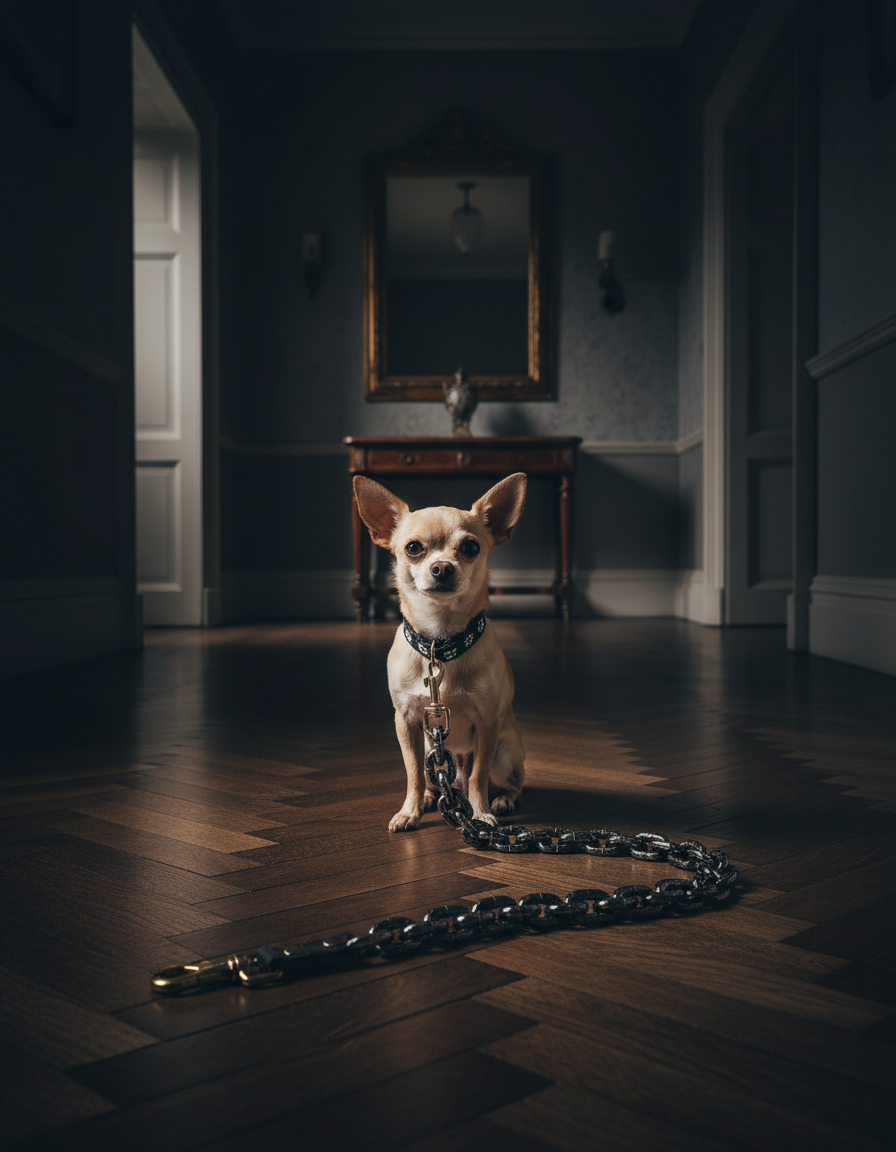 A small dog sitting upright in a dim hallway, The Chain Leash trailing across the floor