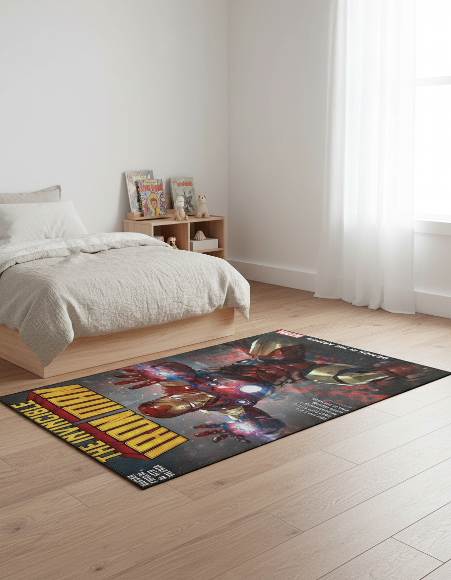 Iron Man comic-cover washable rug styled on an oak floor in a bright kids' bedroom