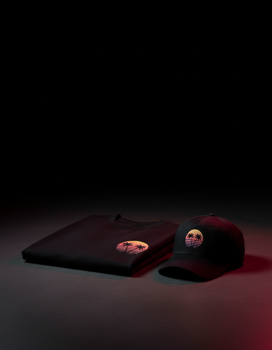 Black tee and cap with retro Miami sunset graphics under neon light