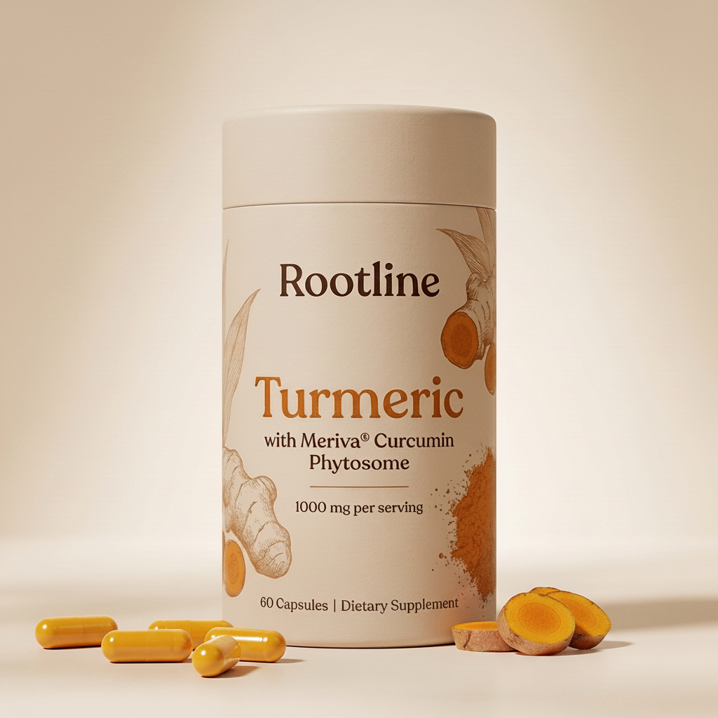 Rootline Turmeric canister with orange curcumin capsules and sliced turmeric root