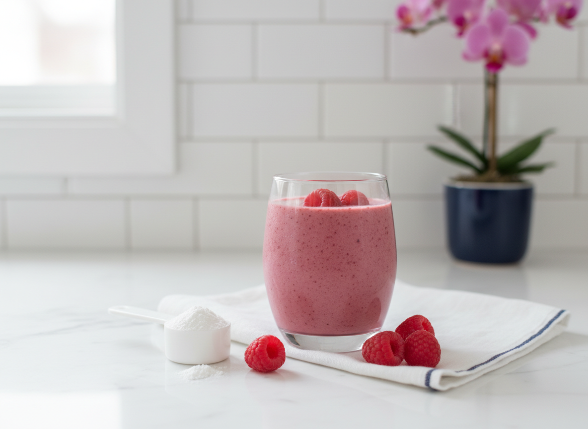 Berry smoothie beside a scoop of unflavored powder