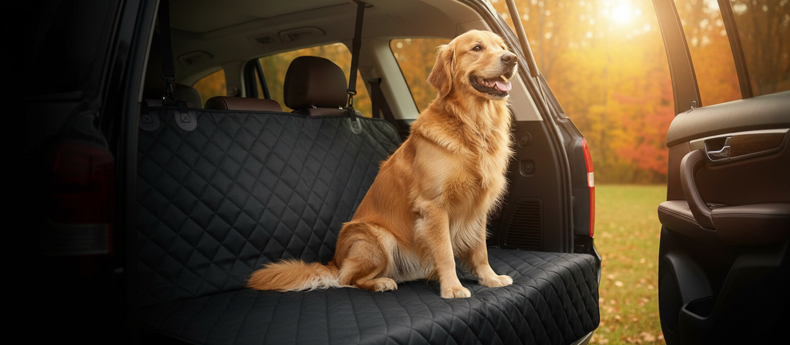 Golden retriever sitting on a black quilted back-seat dog hammock in an SUV at golden hour