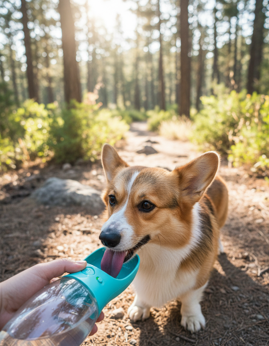 Corgi drinking from a turquoise portable water bottle on a hiking trail