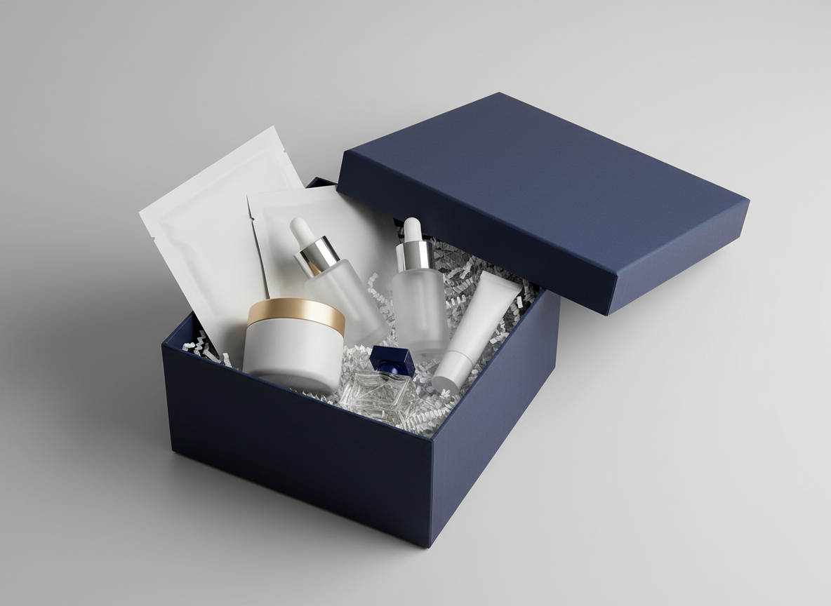 Caja azul marino abierta con sérums, crema, perfume miniatura y mascarillas