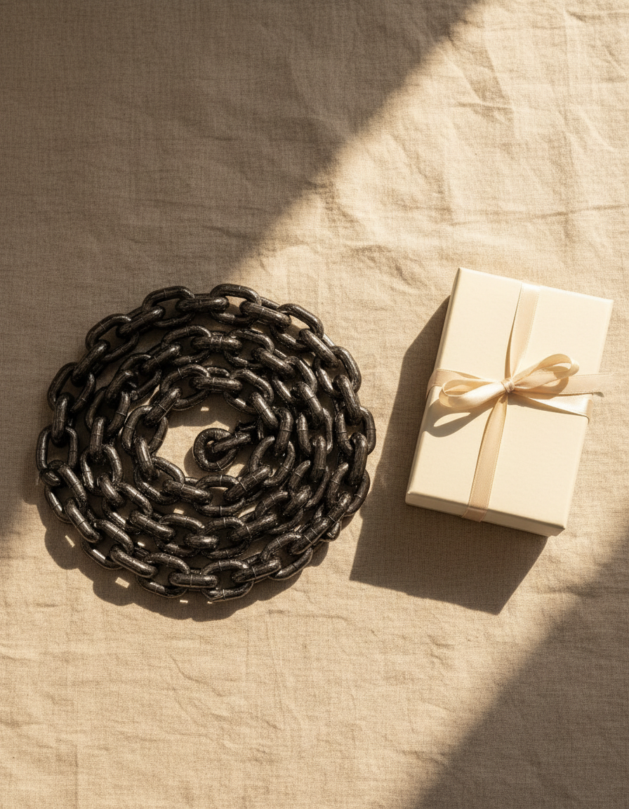 The Chain Leash coiled on linen beside a cream gift box