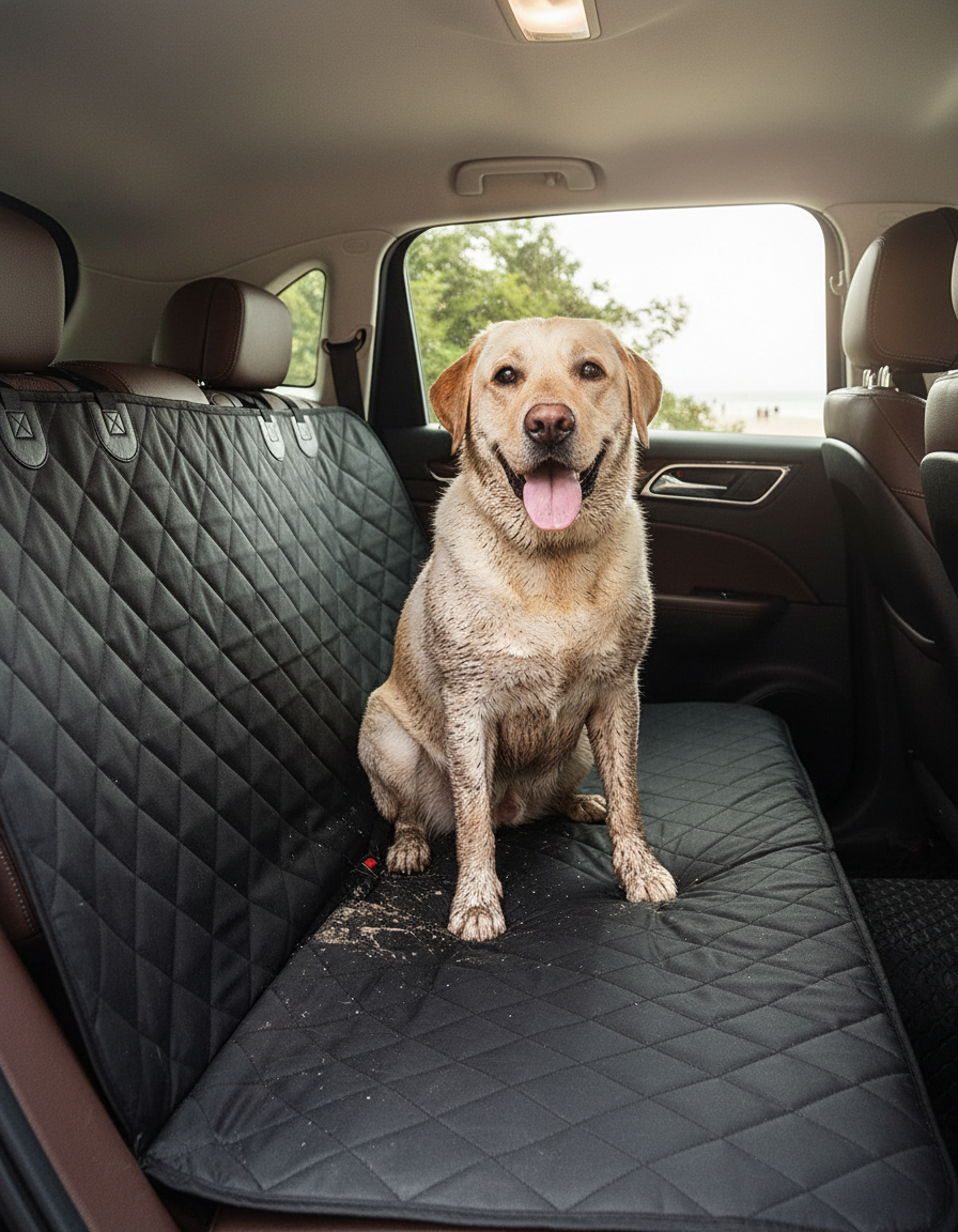 Happy labrador sitting on a black quilted seat cover after a beach walk