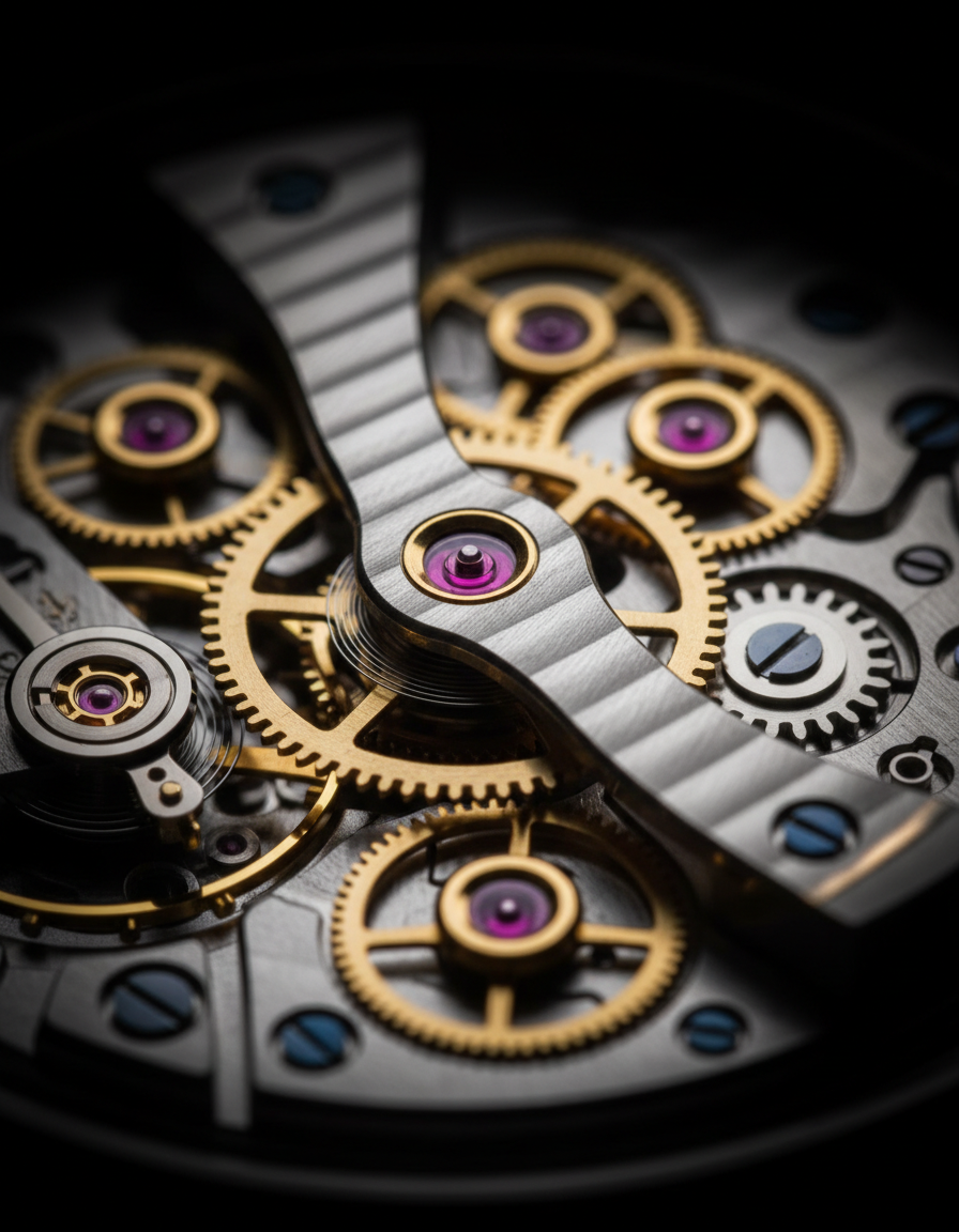 Macro view of a mechanical watch movement with finely finished gears