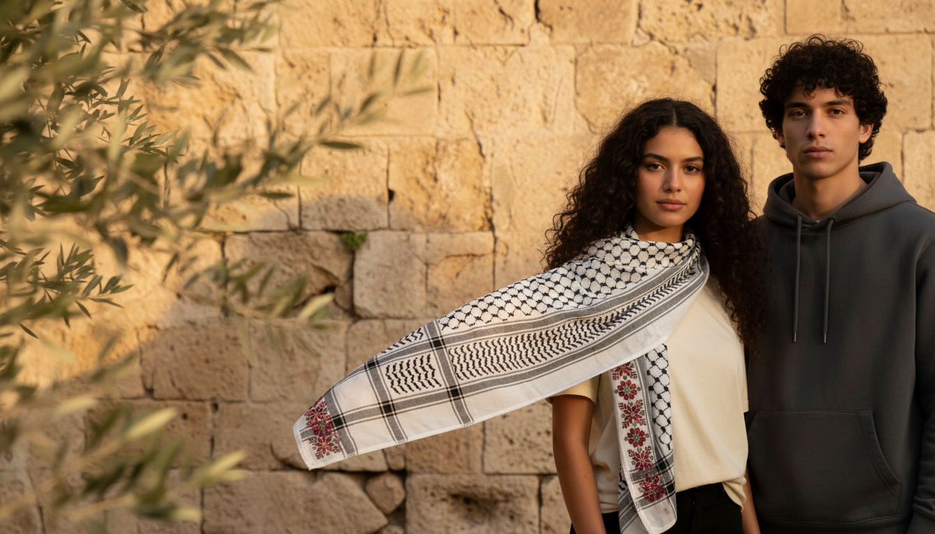 Two friends in front of a sunlit stone wall, one wearing a keffiyeh with a hand-stitched tatreez border