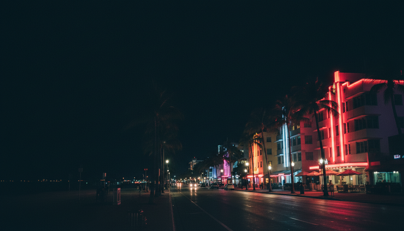 Miami Beach Art Deco hotels glowing in coral and violet neon at night