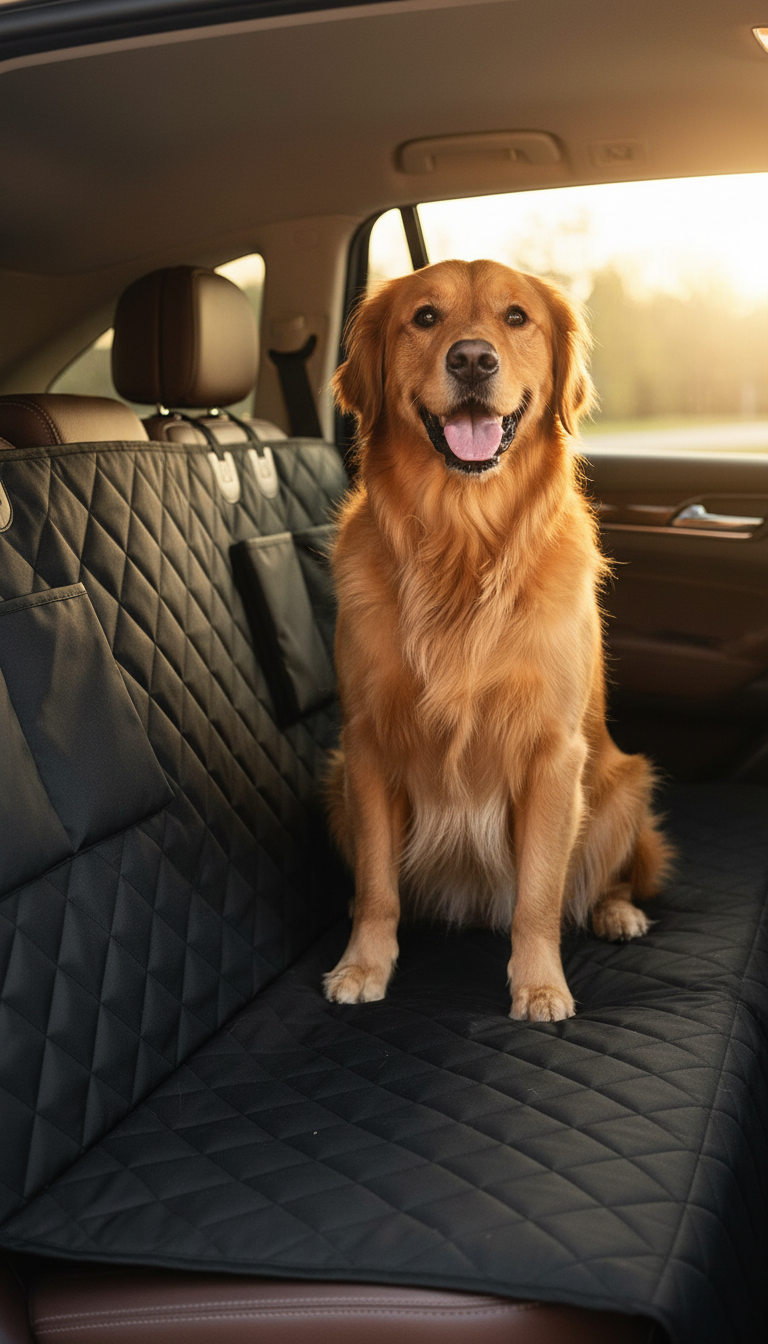 Golden retriever on a black quilted car seat cover