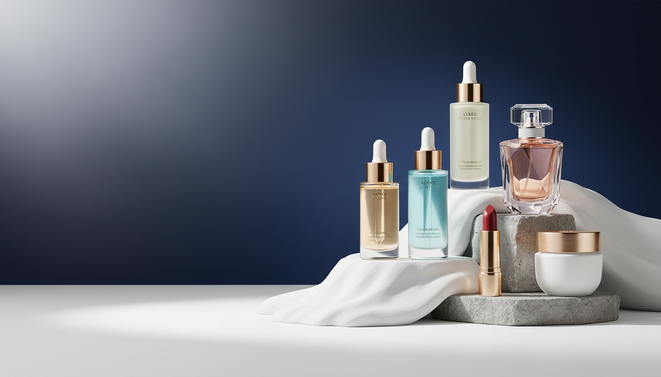 Sérums, perfume, labial y crema sobre pedestales de piedra y fondo azul marino