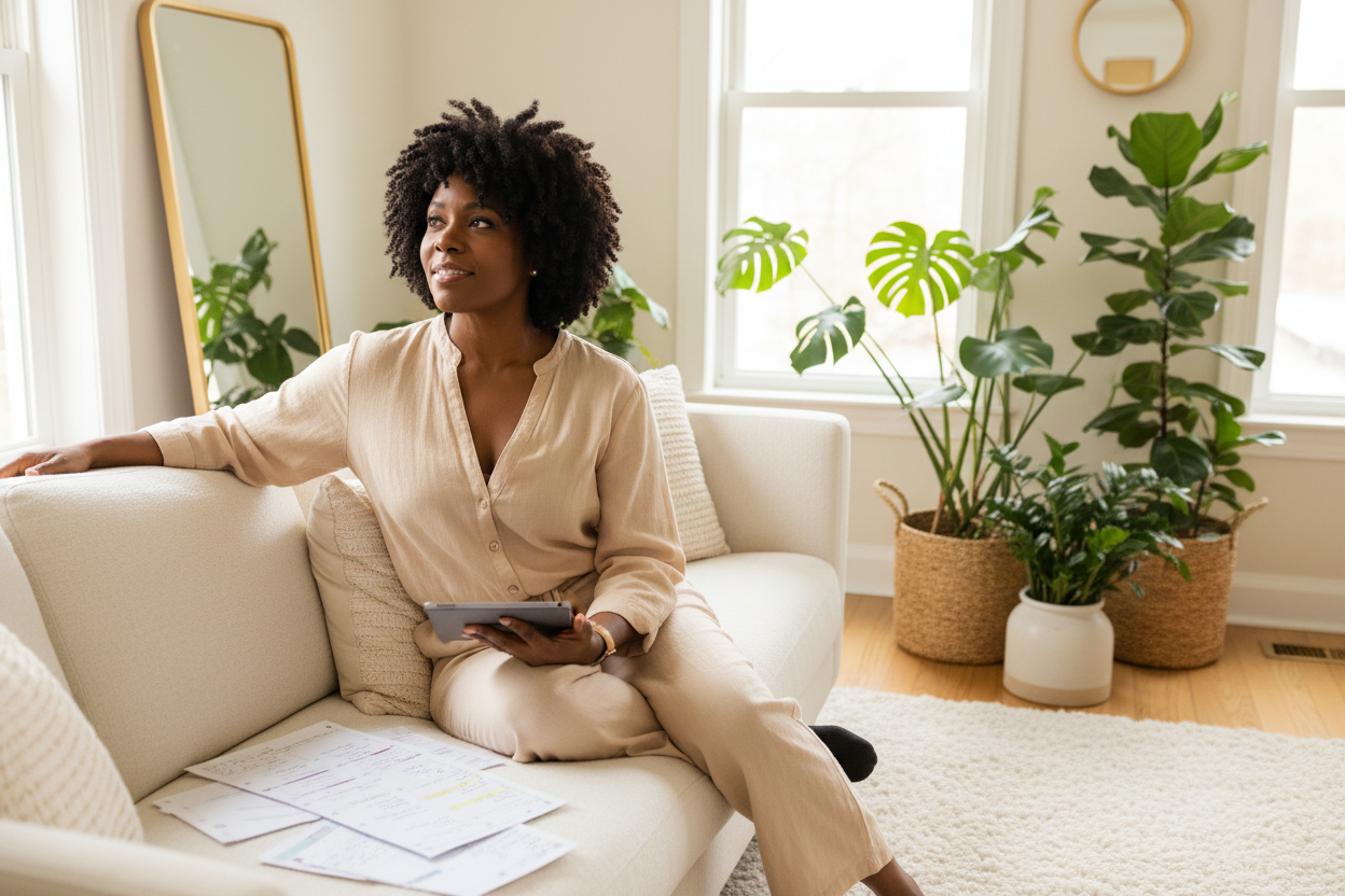 Black woman smiling on a sunlit sofa with her tablet and printed planner pages after planning her week