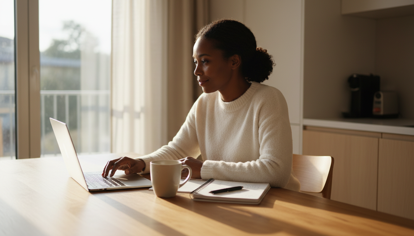 Black woman in her forties reviewing her budget planner at the kitchen table at sunrise with coffee and a laptop