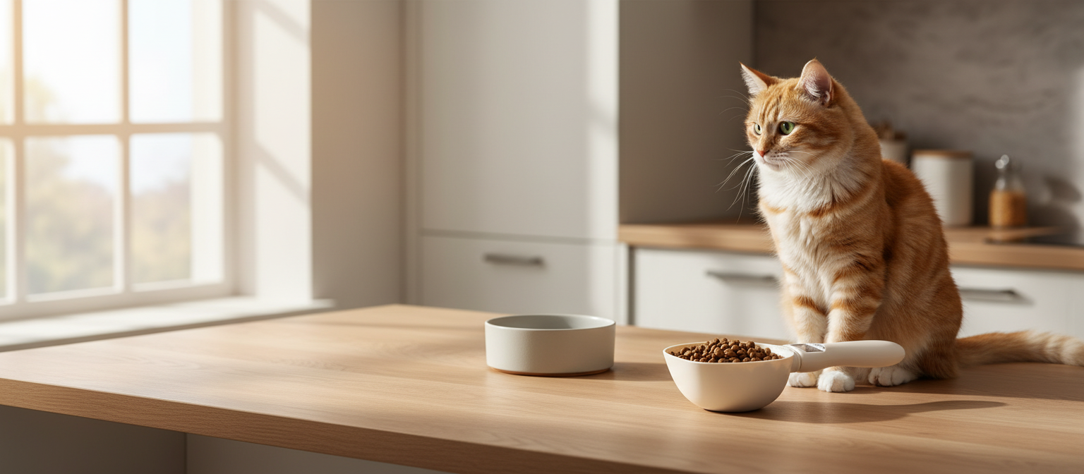 White digital weighing food scoop with kibble beside a ceramic bowl as a tabby cat watches