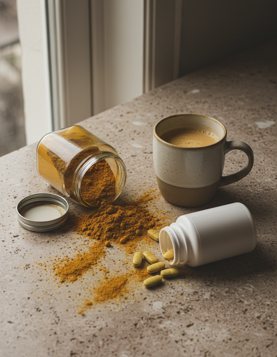 Spilled turmeric powder, golden milk and a tipped-over generic supplement bottle