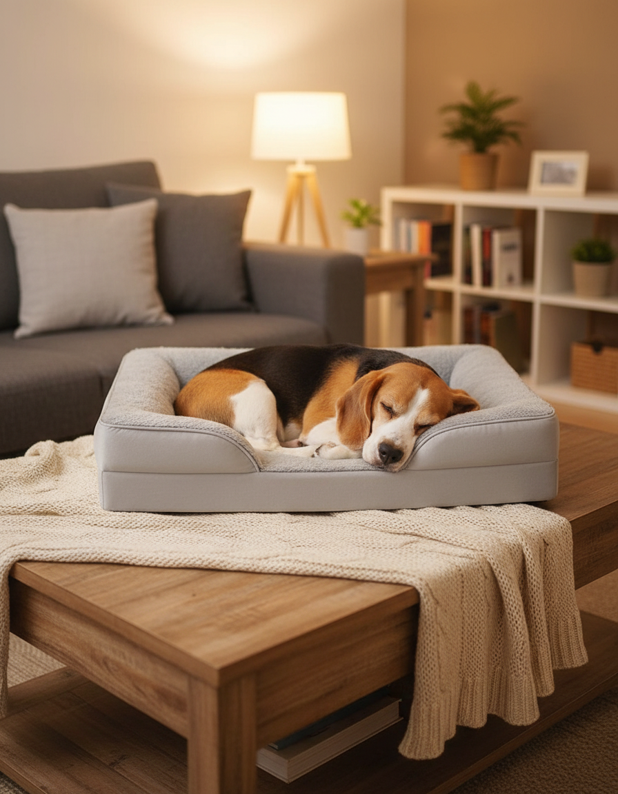 Sleepy beagle curled up in a grey sofa dog bed