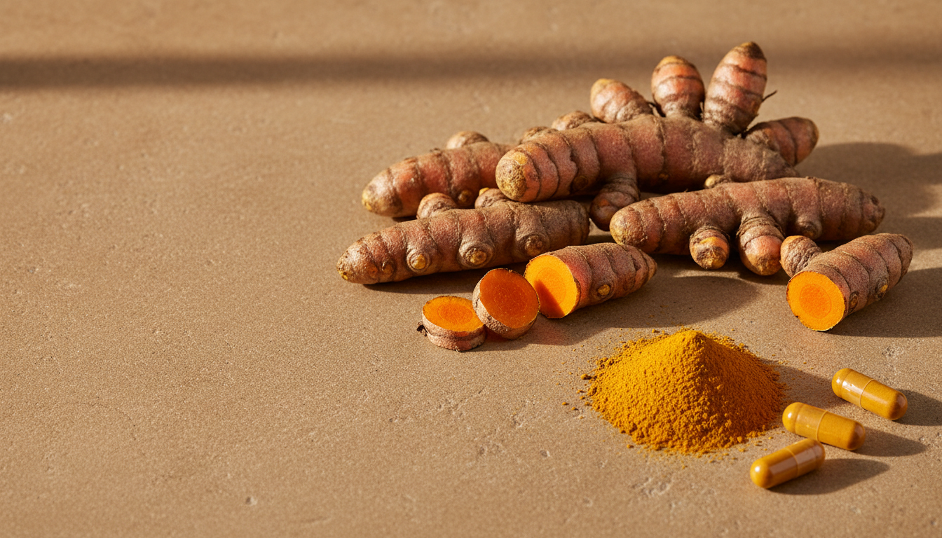 Fresh turmeric roots, curcumin powder and capsules in warm sunlight