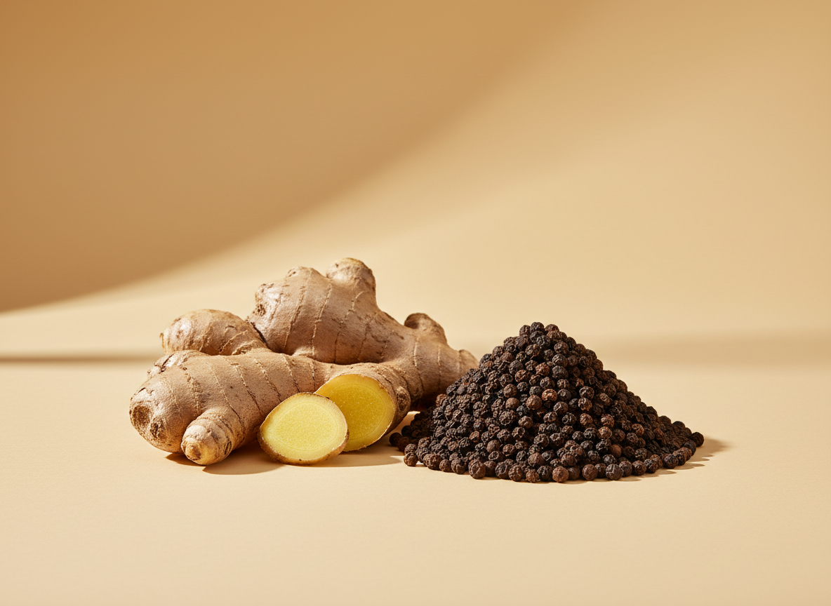 Fresh ginger root beside black peppercorns