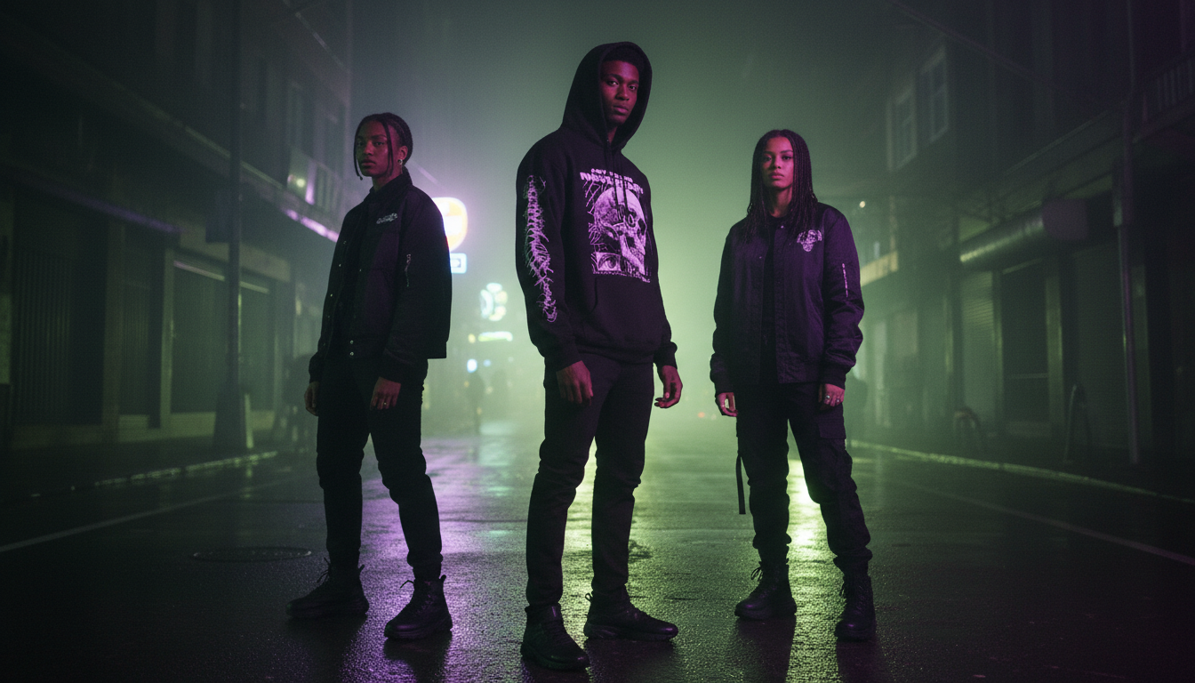 Three friends in Veyro streetwear on a rain-wet city street lit by lime and violet neon