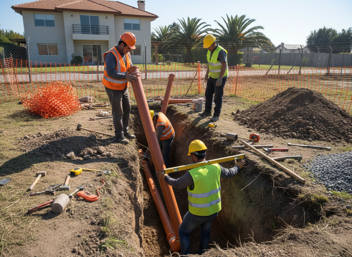 Instalación de nuevos ductos de alcantarillado de PVC en una zanja