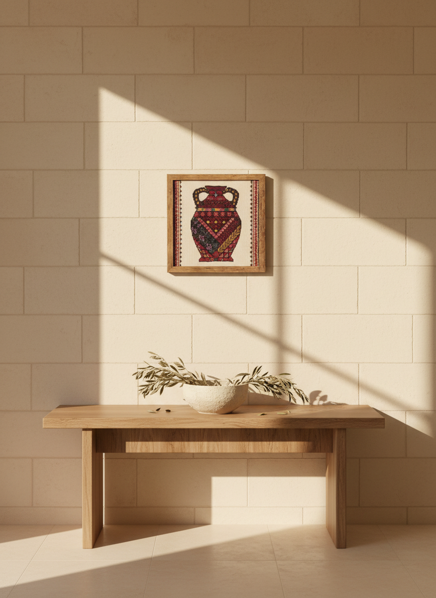 Tatreez wall hanging on a sunlit limestone wall above a wooden console