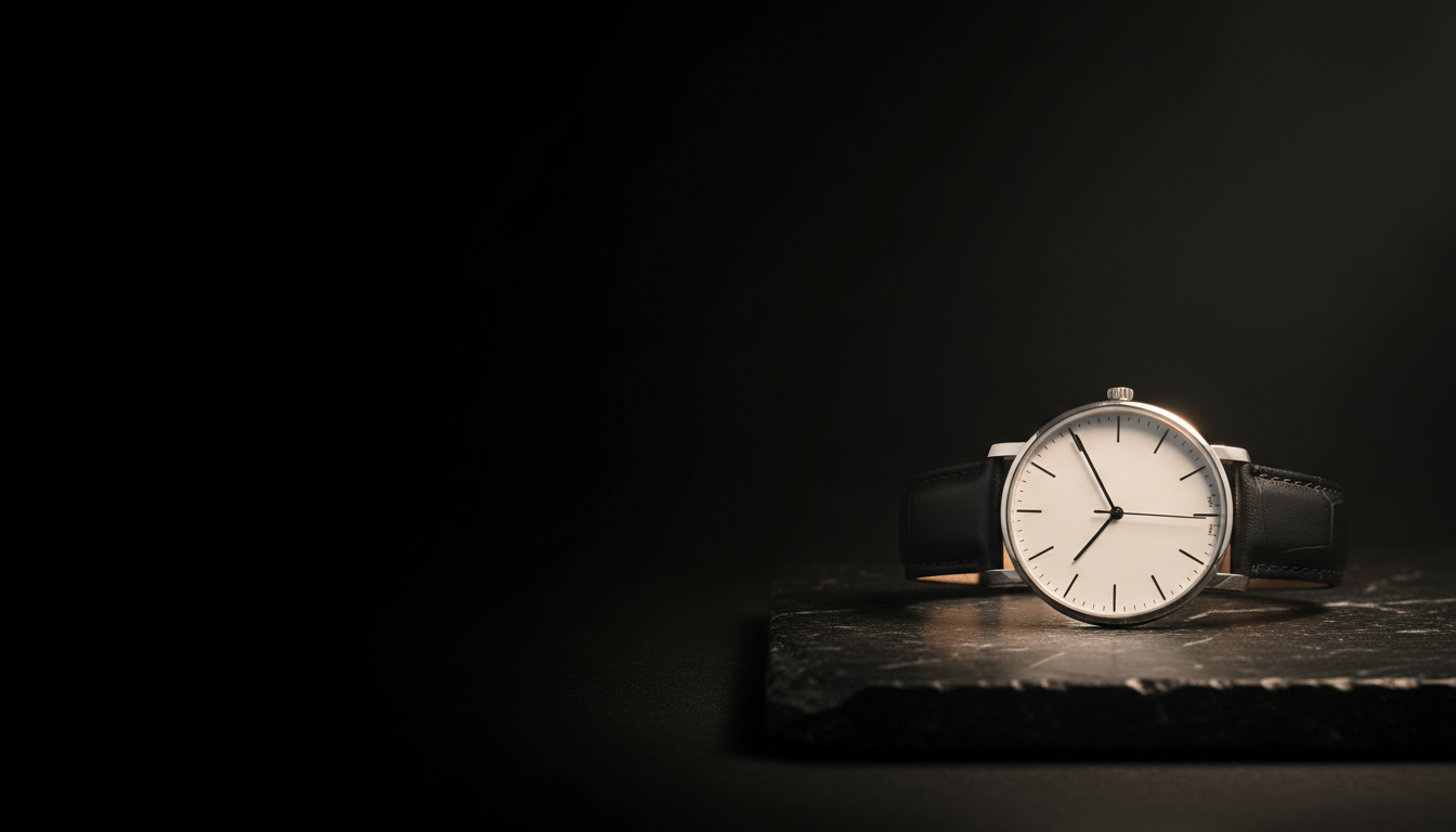 Steel watch with white dial resting on dark marble in low warm light
