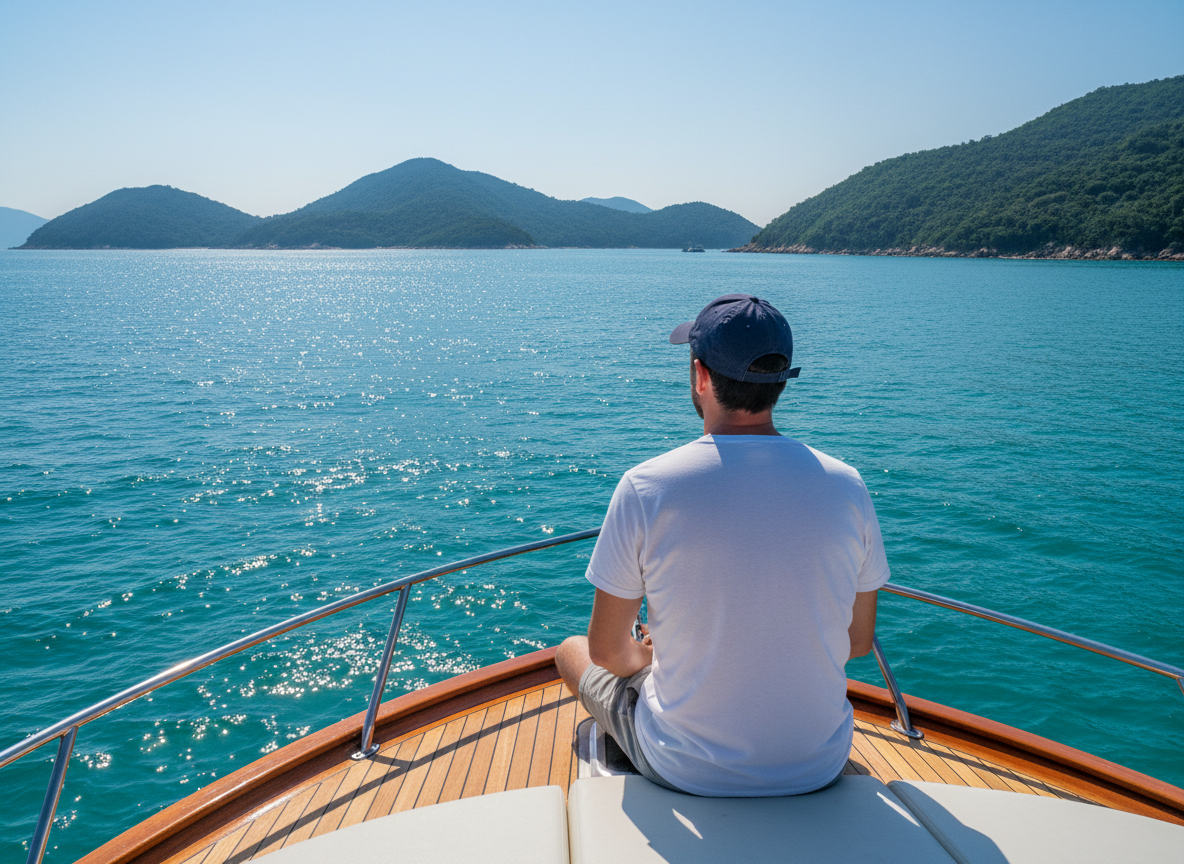 Man in a cap sitting on the bow of a boat, looking out over a sparkling bay towards the green islands of Hong Kong