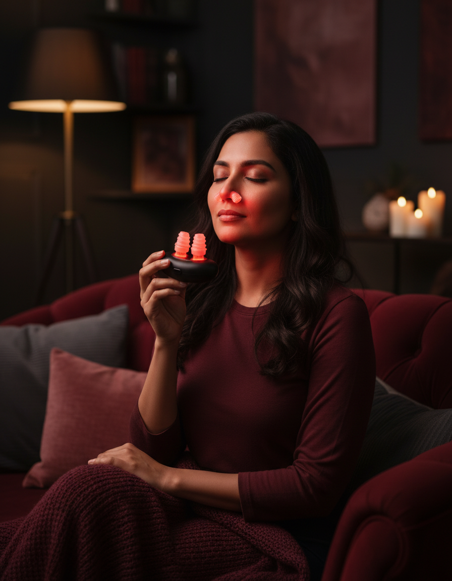 Woman relaxing on her sofa during a red light therapy session with Fitora Breathefree