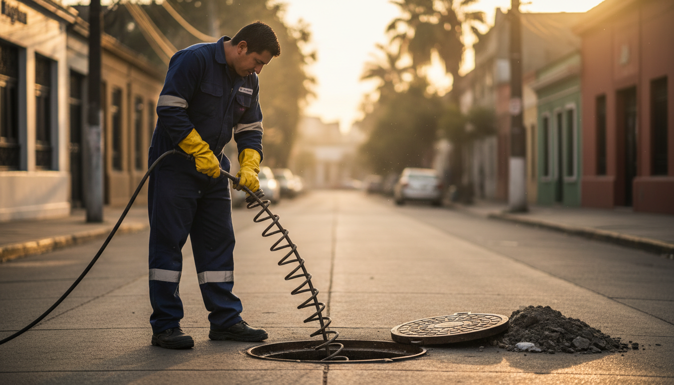 Técnico de Super Destape operando una máquina eléctrica de destape en una cámara de alcantarillado