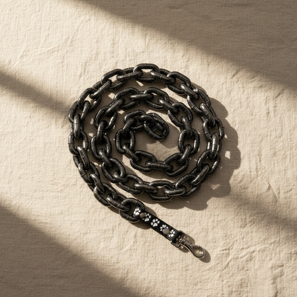 The Chain Leash coiled on cream linen in soft window light